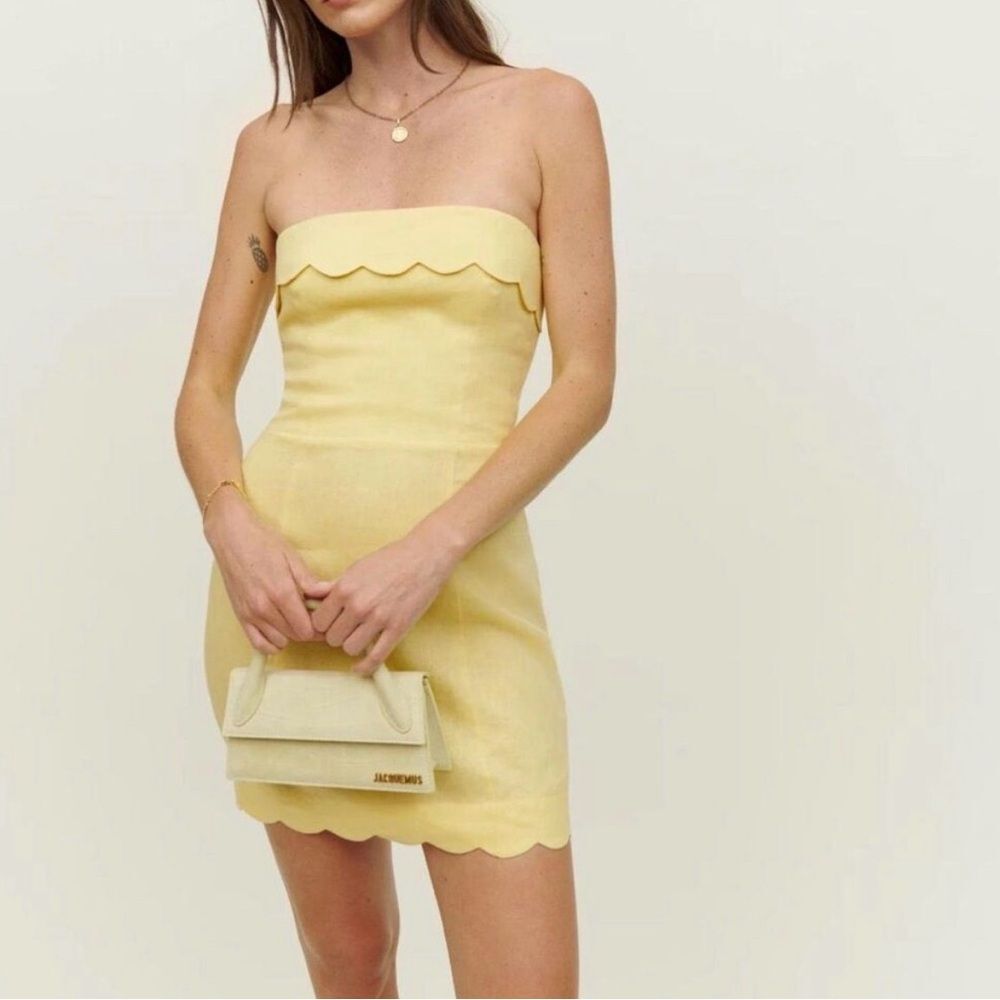 Reformation Isles Linen Mini Scallop Edge Strapless Dress Zest Yellow Sz 12 New